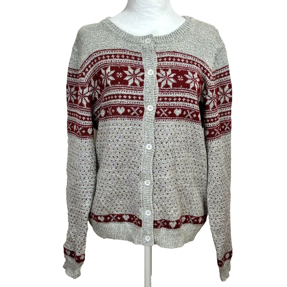 Great Northwest Clothing Co Button Up Cardigan Gray Burgundy Fair Isle Cottage M